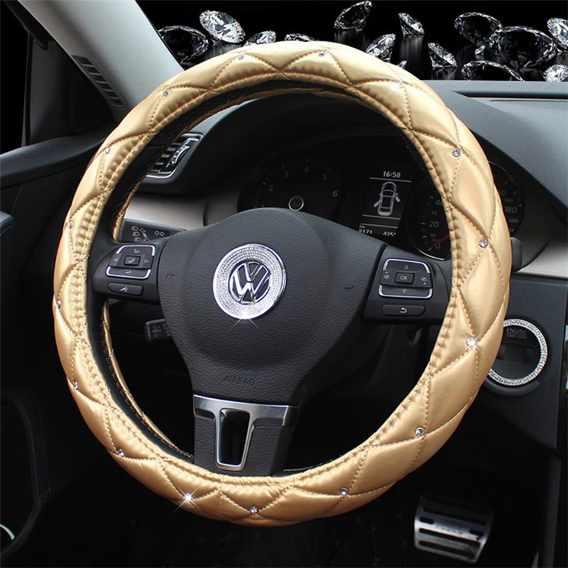 Leather Steering Wheel Covers Bling Rhinestone Auto Cute Handle Cases Pink Car Interior Accessories For Women Girls Purple