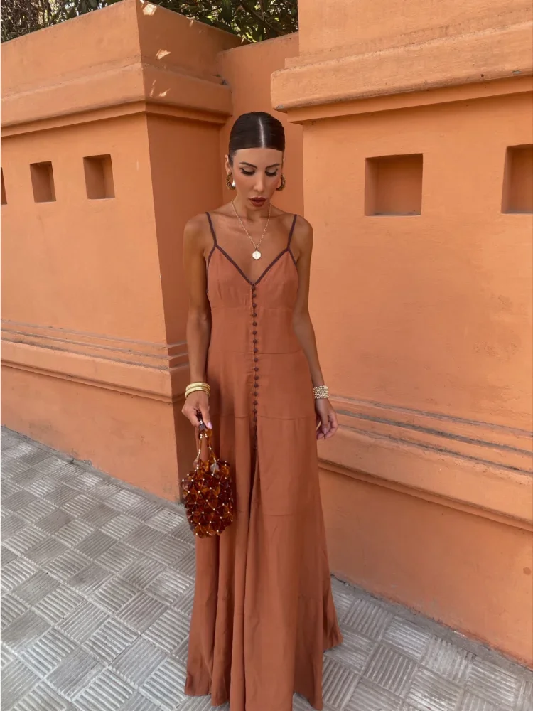 

Single Breasted V-neck Strap Maxi Dress Women Sexy Sleeveless Backless Split Long Robe 2024 Summer Lady Elegant Vestidos