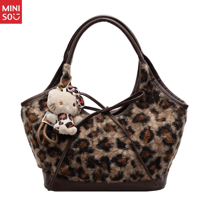 Bolso de mano de leopardo coreano Miniso, bolso de hombro con asa de lazo de felpa para ir al trabajo