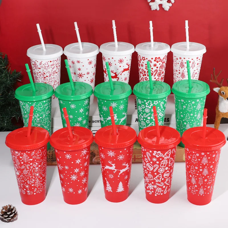 5Pcs Christmas Coffee Straw Cup Reusable Xmas Tree Snowflake Plastic Cup with Lid New Year 2026 Navidad Natal Party Favors Decor