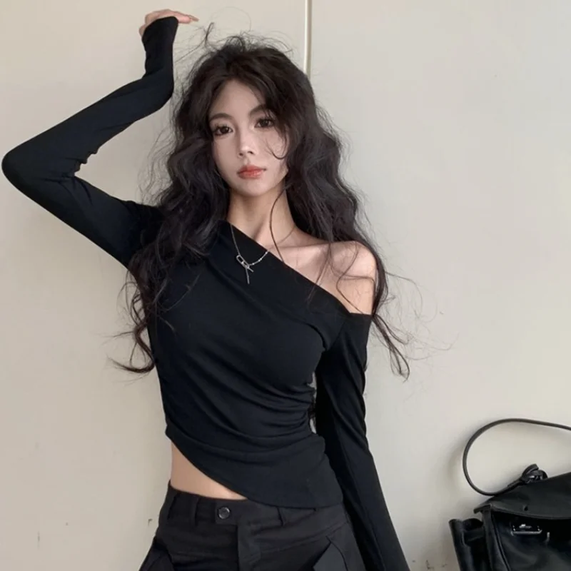 Black Spicy Girl Shoulder Bared Long Sleeve T Shirt Women's Spring Irregular Slim Fit Short Base Shirt Top Trendy Polyester