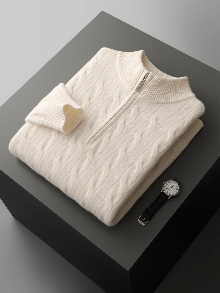 

New Chic Man Thick Cable Stitch Sweater Autumn Winter Jacquard 100% Merino Wool Knitwear Mock Neck Zipper Pullover Male Clothing