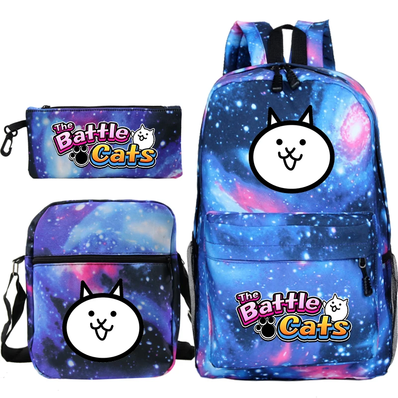 3pcs Set Nylon Backpack The Battle Cats Printing Cartoon School Bag for Boys Girls Kids Large Capacity Backpack Travel Book Bag