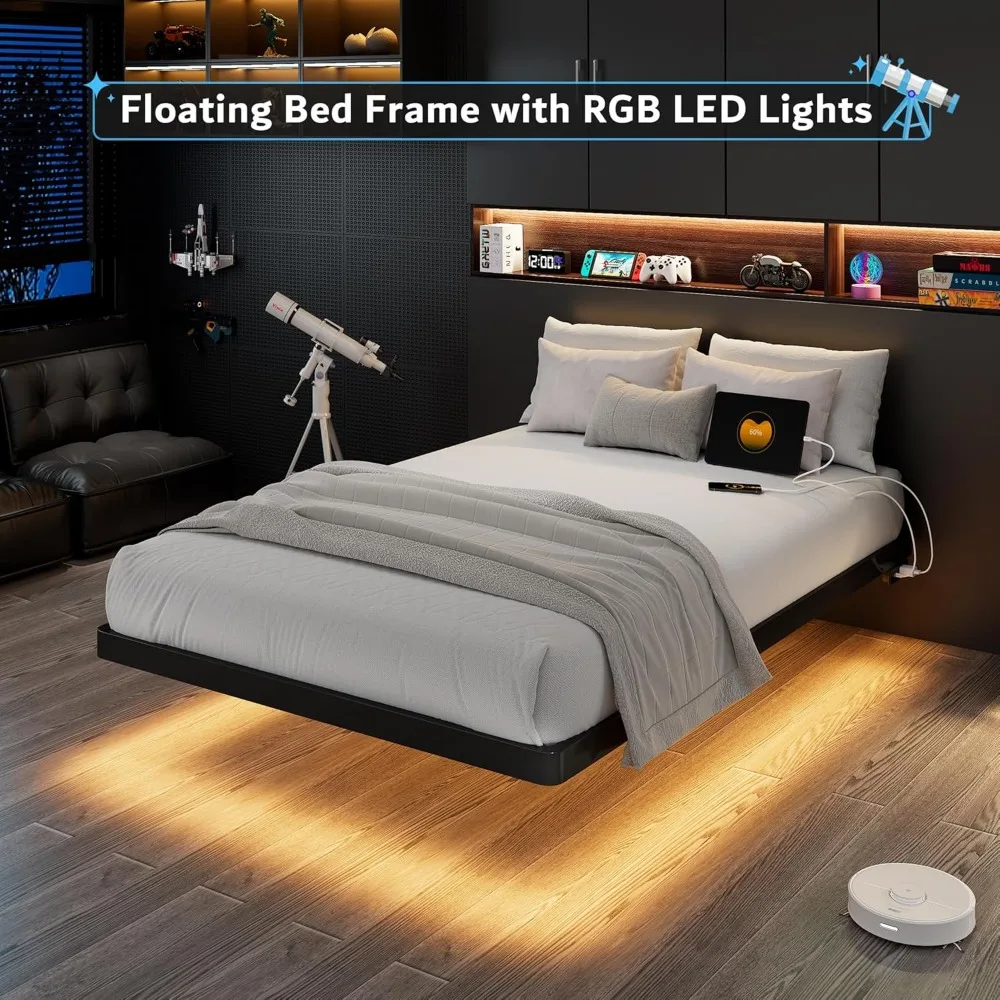 إطار سرير عائم بحجم مزدوج من iPormis مع قاعدة شحن وإضاءة LED، إطار سرير بمنصة معدنية مع شرائح فولاذية شديدة التحمل S #3