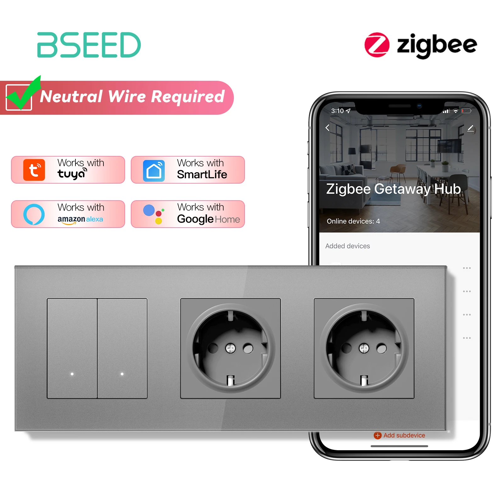 BSEED Zigbee 1/2/3/4Gang Smart Click Button Switches Tuya Alice Lichtschalter mit EU-Wandsteckdosen USB AC-Anschlüssen Glasplatten 8