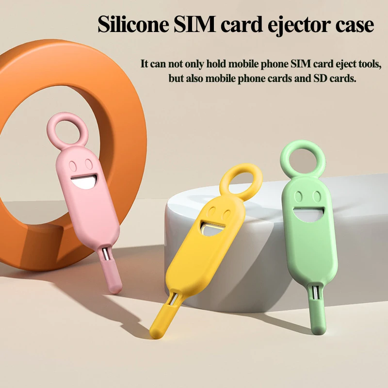 2pcs smile-face Silicone SIM Card Ejector Case+2pcs card ejector pin multiple colors multi-function storage TF card handy tool