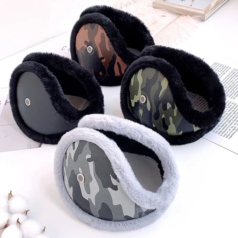 Mens Camouflage Ear Muffs Winter PU Leather Ear Warmers Thickening Soft Ear Cover with Loudspeaker Hole Headphones Warmer