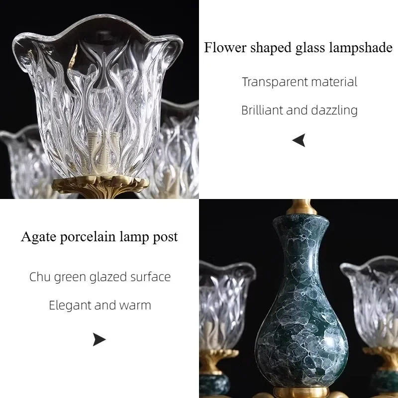 SANDYHA Nordic Retro LED Chandelier Copper Glass Pendant Light Ceramic Hanging Lamp For Bedroom Living Room Lobby Home Decor