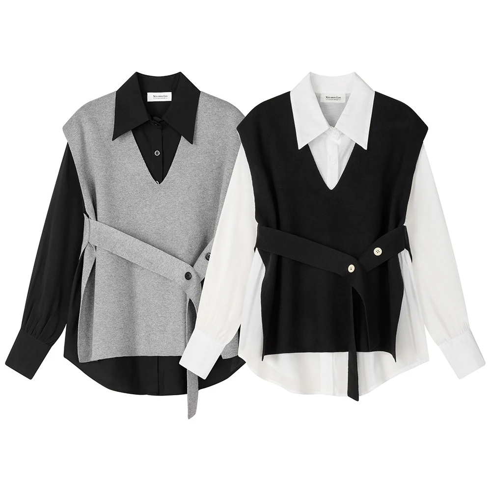 

Французский винтажный комплект из двух предметов: рубашка и жилет с V-образным вырезом для женщин, многослойный, уникальный, для ранней весны, повседневный шик, офисный стиль