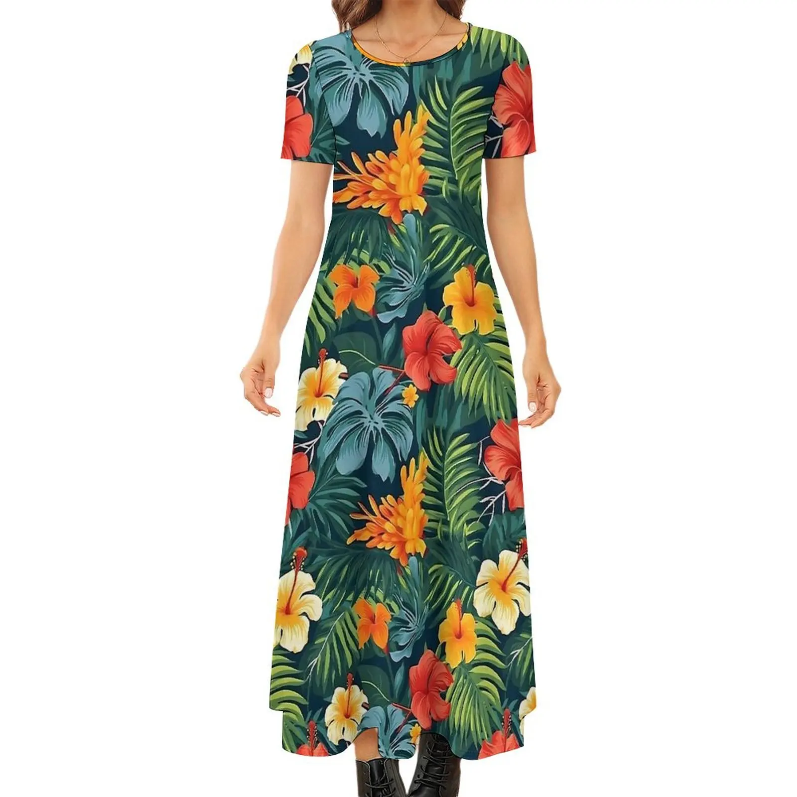 Vestido floral tropical arte floral vintage maxi vestido mulher manga curta street wear boho praia vestidos longos tamanho grande