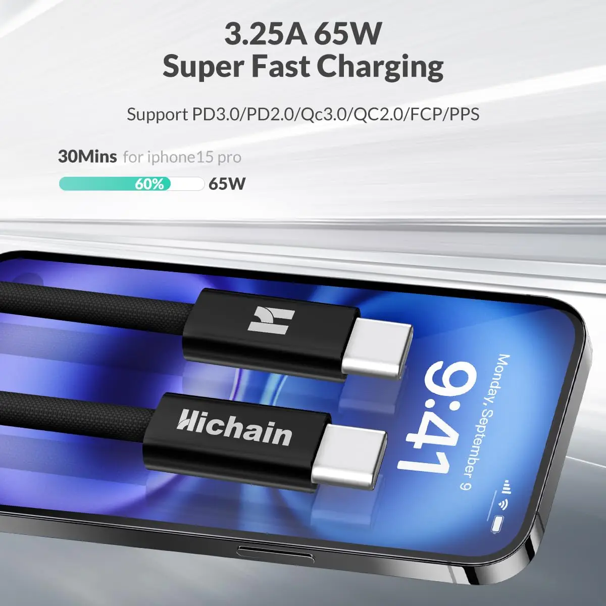 Hichain PD 65W Кабель для быстрой зарядки USBC To Type C Кабель для передачи данных для iphone Для Samsung Для Xiaomi Для Huawei Планшеты Ноутбук 1,2M/2M