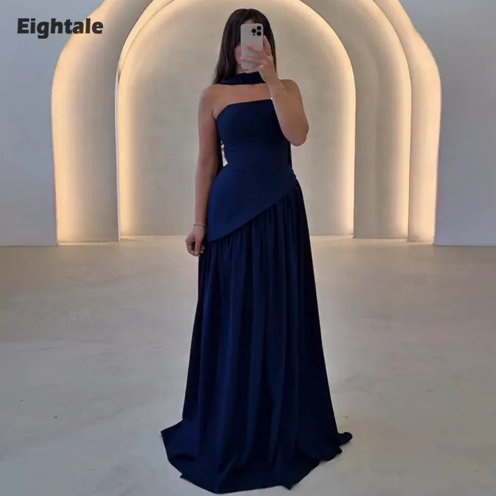 

Eightale Arabic Evening Dress for Wedding Party Strapless Blue Mermaid Side Slit Customized Prom Gown