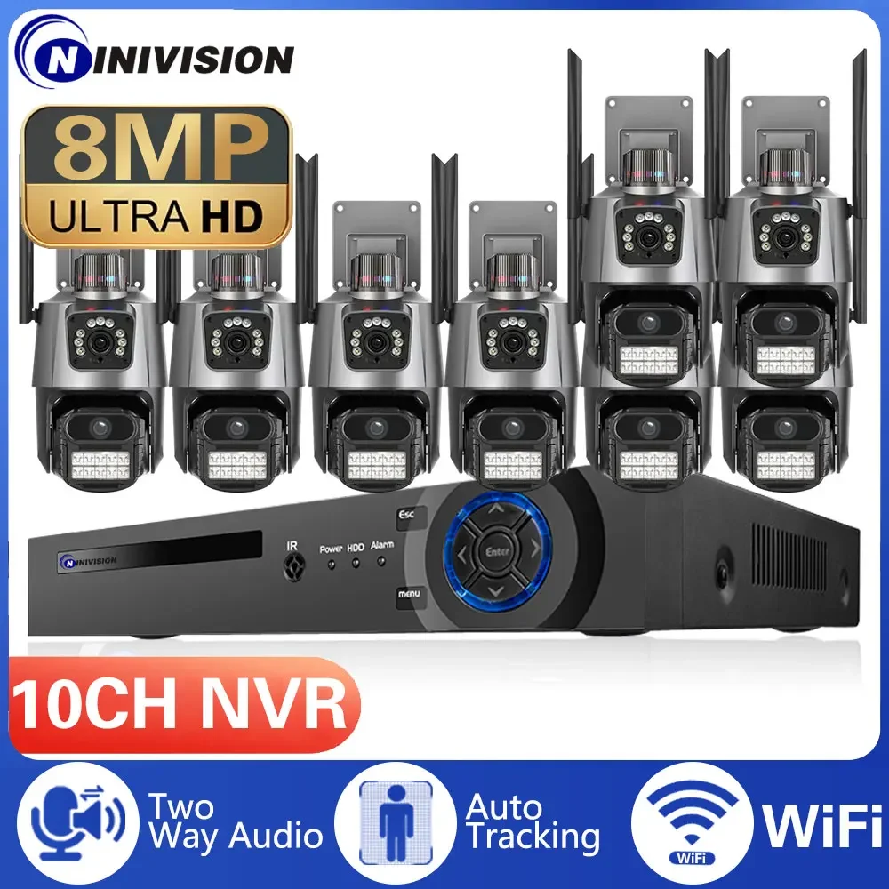 10ch 8mp Draadloze Dubbele Lens Ptz Wifi Ip Veiligheidscamera Tweeweg Audiokleur Nachtzicht Gezicht Poe Nvr Videobewakingssysteem