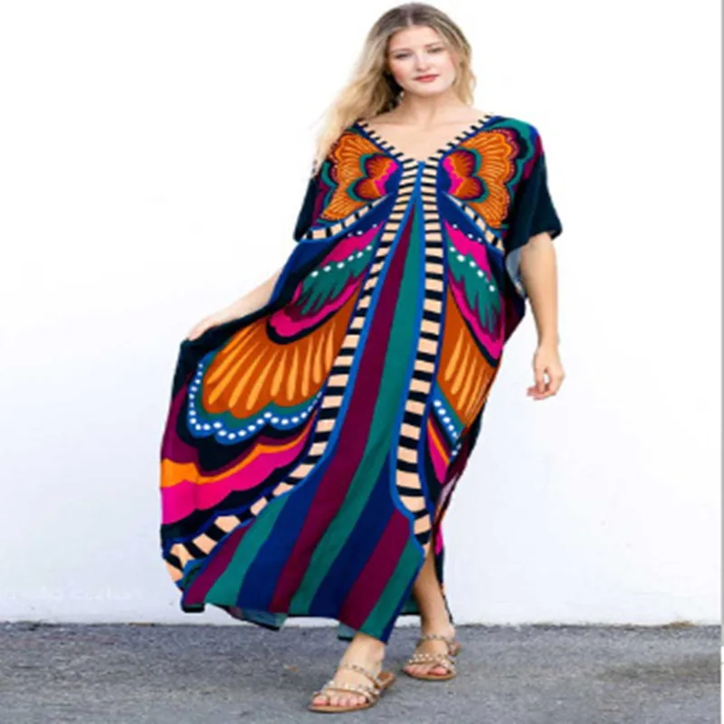 

2024ins Summer Cotton Printed Halo Dye Loose Large Size Vacation Robe Beach Dress Bikini Sun Dresses Shirt Party Fashion Dresses