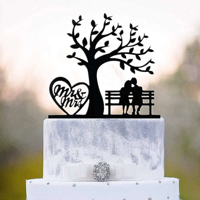 he Bride and Groom sitting in Bench under tree Wedding Cake Topper,Mr and Mrs Wedding Cake Topper, Tree & Bench Bridal Shower