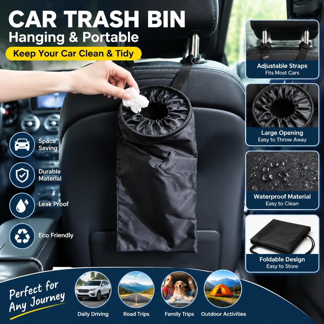 Foldable Car Trash Can Hanging Auto Garbage Bin Seat Back Storage Bag Portable Collapsible Organizer For SUV Truck Travel