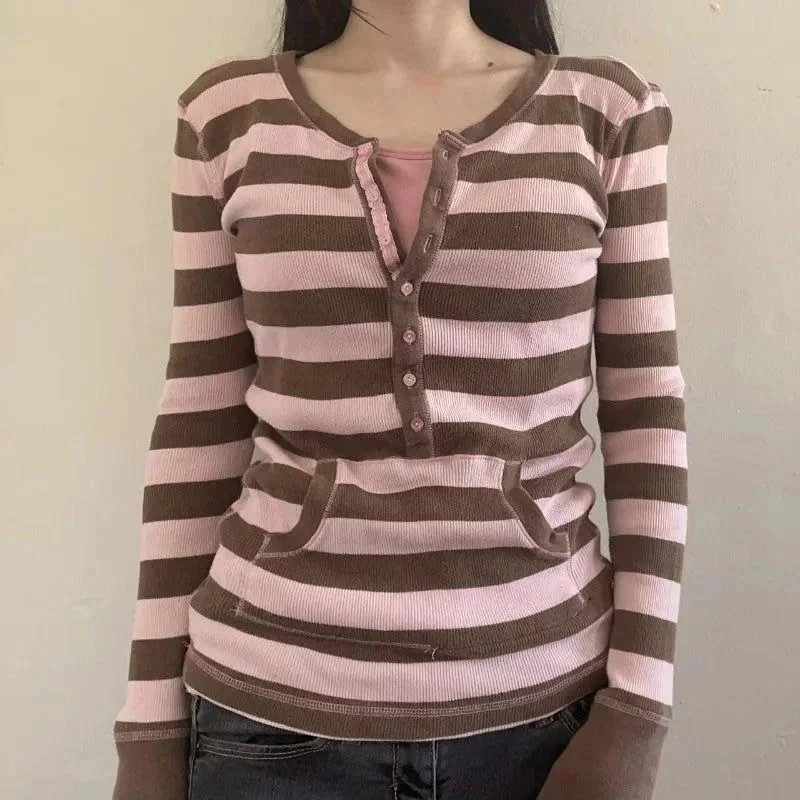 Winter T-shirt Stripe Fake 2Piece Slim Y2k Vintage Punk Sweet Harajuku Korea Woman Clothes Long Sleeves Elegant Tees Fashion Emo view 2