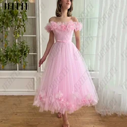 JEHETH Off Shoulder Prom Dress Flowers Tulle A-Line Lace Up Vestidos De Gala Classic Evening Gowns Ankle Length Custom Woman