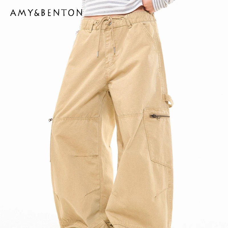 

American Retro Multi-Design Khaki Pocket Women's Wide-Leg Pants Autumn New Loose Versatile Straight-Leg Tie Long Trousers Ladies