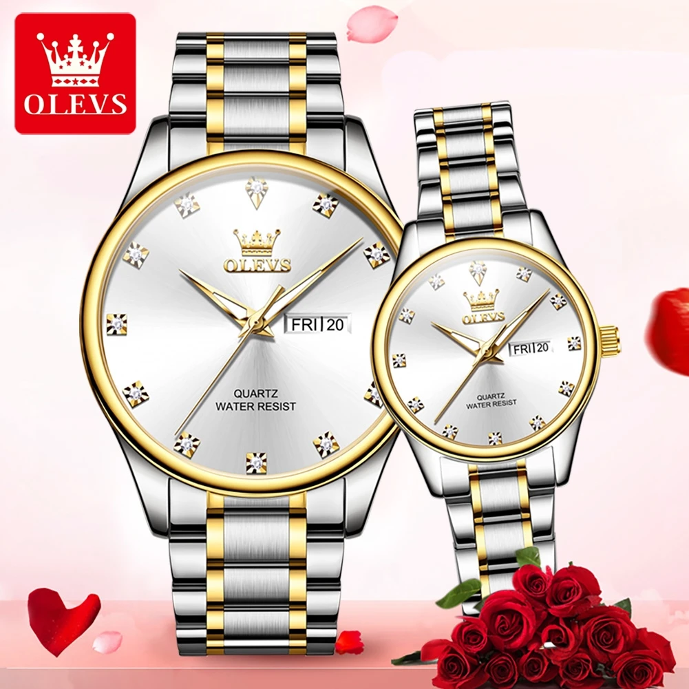 OLEVS Couple Watches Modern Stylish Original Quartz Watch for Lover Simple Fashion Waterproof Luminous Date His and Her Watch