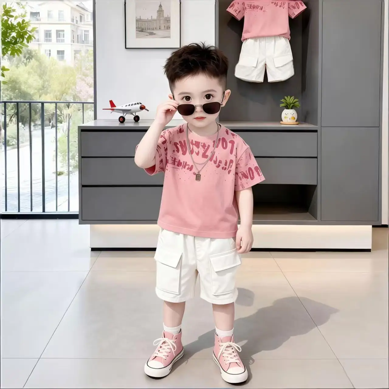 Sport Boys Short Sleeve Set New Korean Letter Graffiti T-Shirt Shorts 2pcs Tide Cool Handsome Kids Street Explosion Clothes