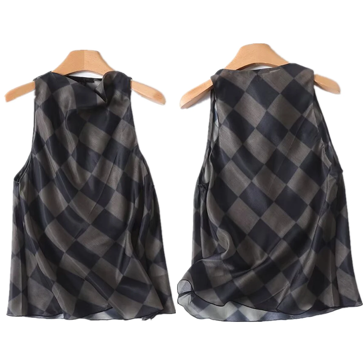 

Jenny&Dave Minimalist Geometric Printed Halter Neck Sleeveless Printed Shirt Women French Plaid Summer Shirt Women Tank Tops