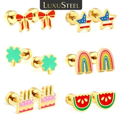 LUXUSTEEL New Christmas Lucky Clover Earring Stainless Steel Earrings Golden Plated Bowknot Star Ball Cake Balloon Stud Earrings