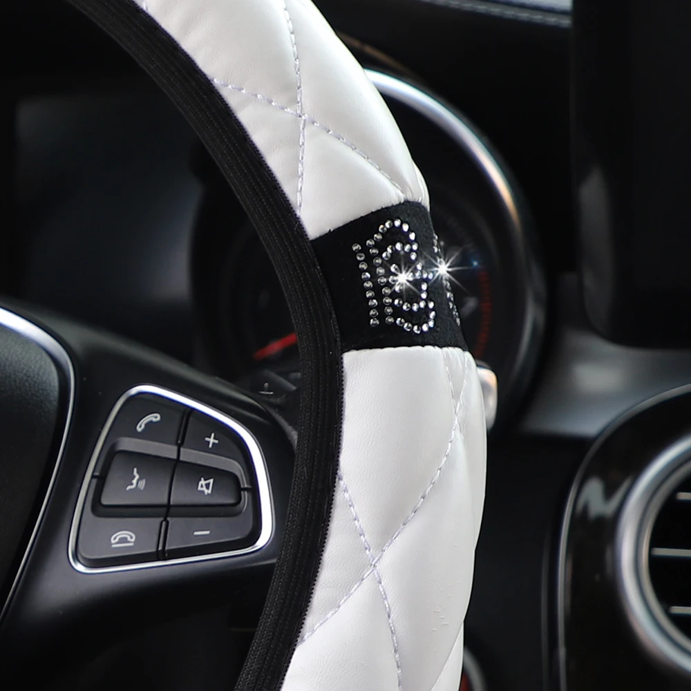 Kleine Krone, weicher Leder-Lenkradbezug, mit Diamanten eingelegt, 14,5 bis 15 Zoll, Autozubehör, ohne Innenring – Detail 8