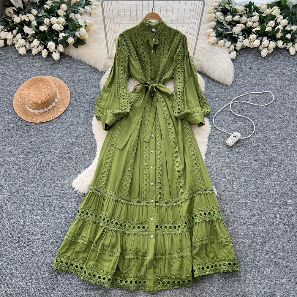 

Women Solid Dress Casual Lace Dresses Hoolow Out Strapping Lantern Sleeve Stand Neck Vestidos Ankle Length Cinched Waist Autumn