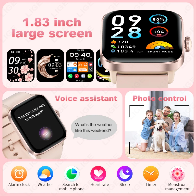 LIGE New Fashion Smart Watch Women Fitness Monitor Waterproof Sport Watches Bluetooth Call 1.83'' Full Touch AI Voice Smartwatch