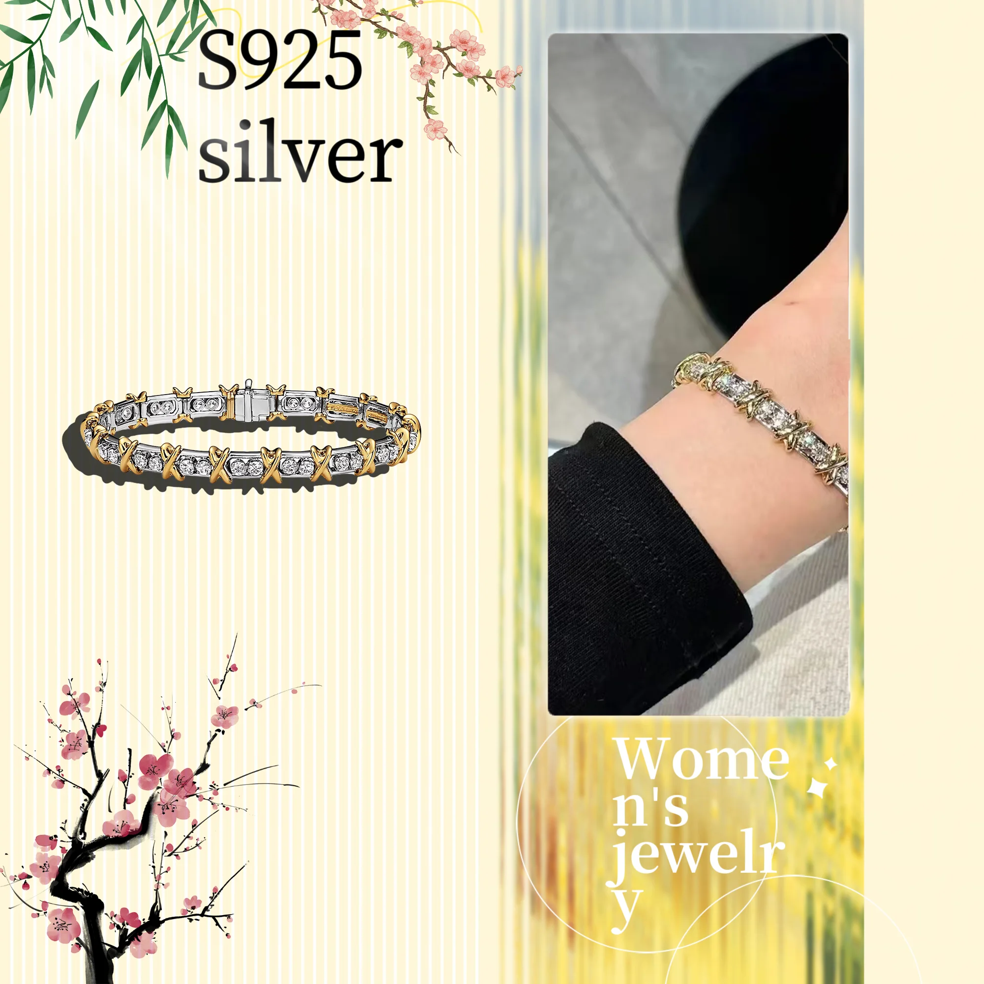 

Cross two tone bracelet made of pure silver S925T, home style women's jewelry for mothers, close to skin beauty