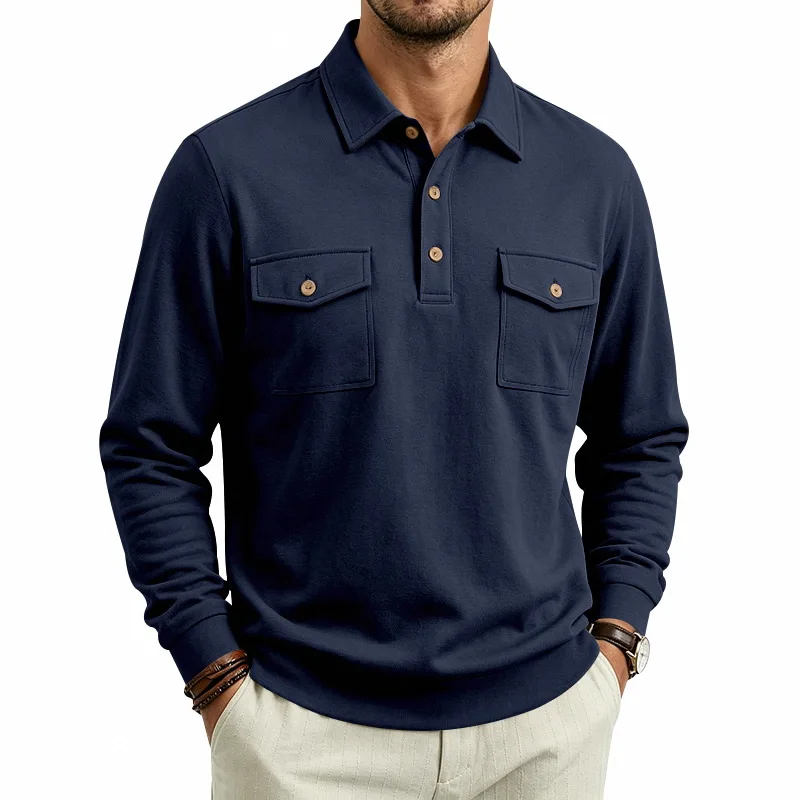 Herbst- und Winter-Herren-POLO-Pullover mit langen Ärmeln, lässigem Kragen, sportlichem Design und mehreren Taschen, Großhandel – Detail 4