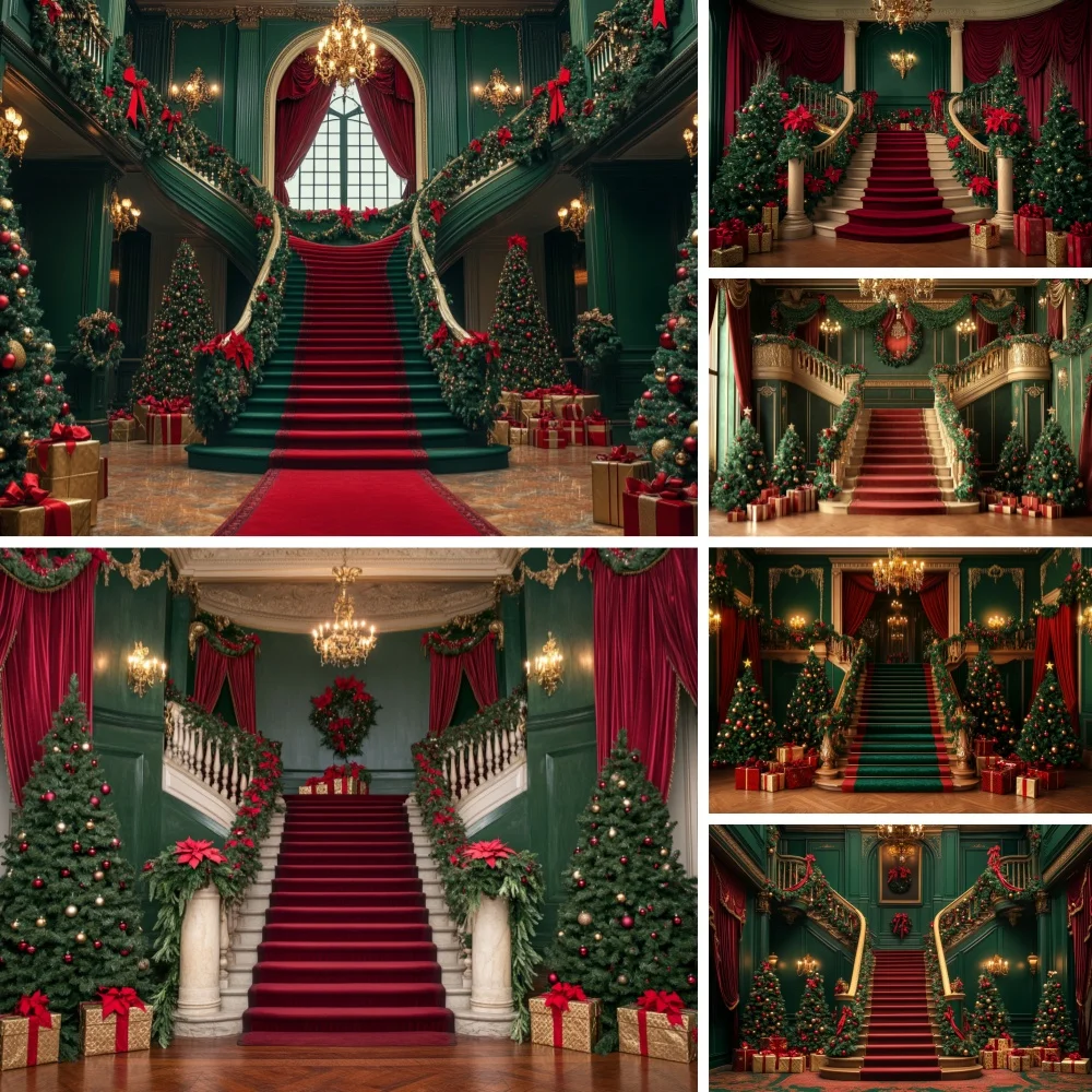 Christmas Palace Staircase Backdrop Vintage Grand Hall Xmas Holiday Photoshoot Background for Portrait Photo Booth Party Props