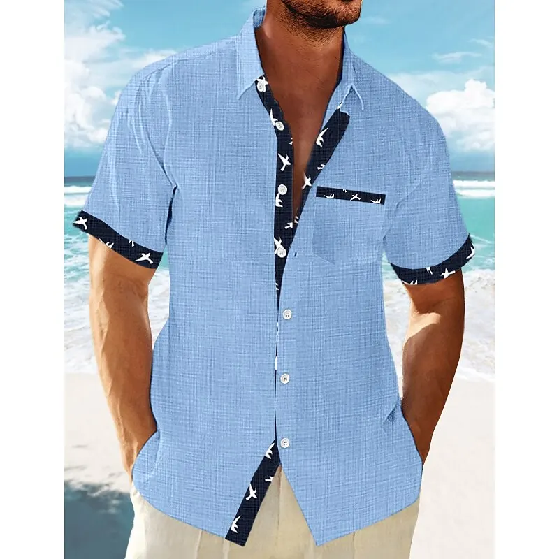 Men\'s shirt summer casual fashion beach shirt short-sleeved striped lapel spring and summer Hawaiian vacation top