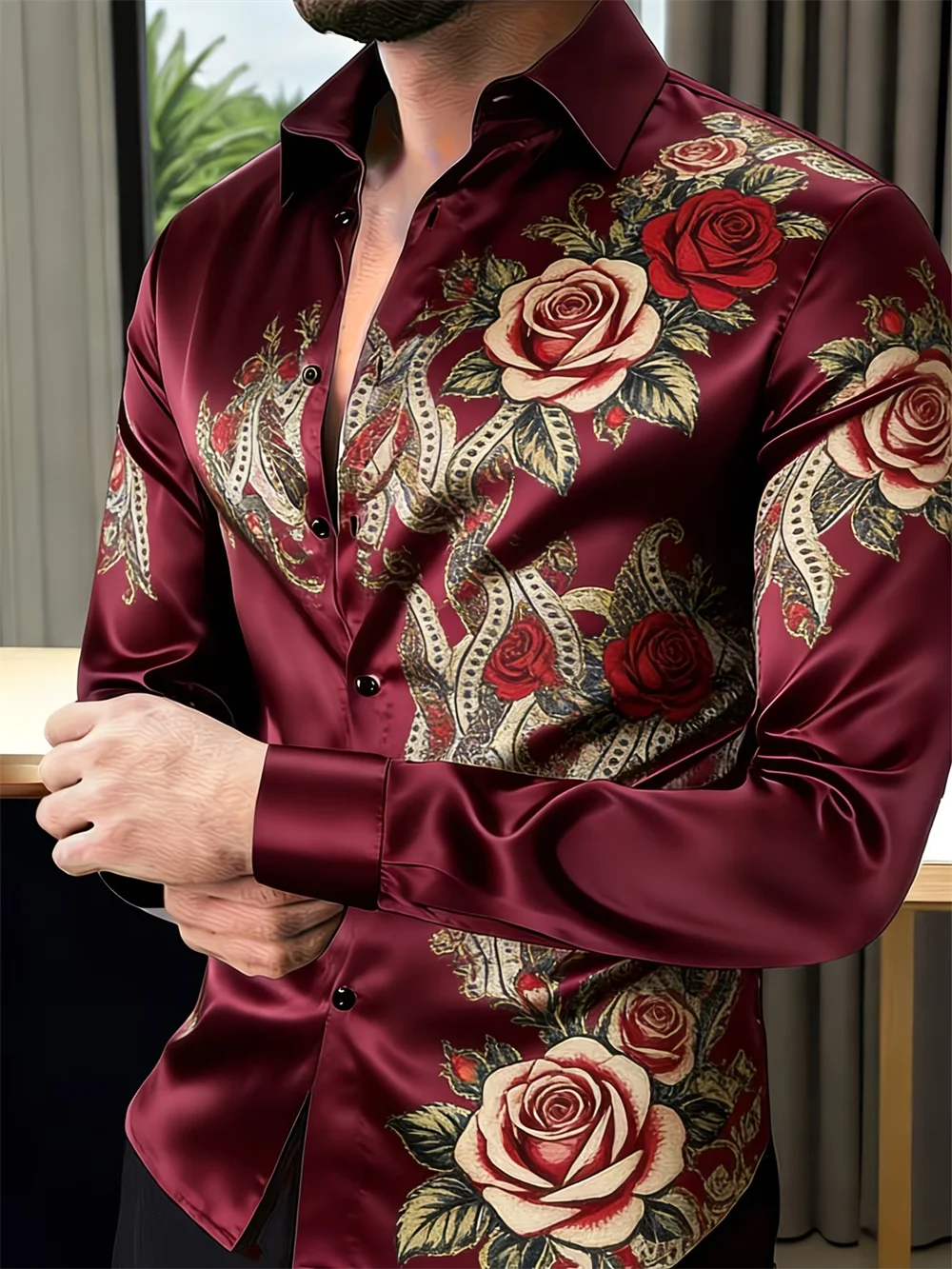New Men's 3D Wing Printed Long Sleeved Shirt with High-Quality Flower Pattern Casual Long Sleeved Collar Top