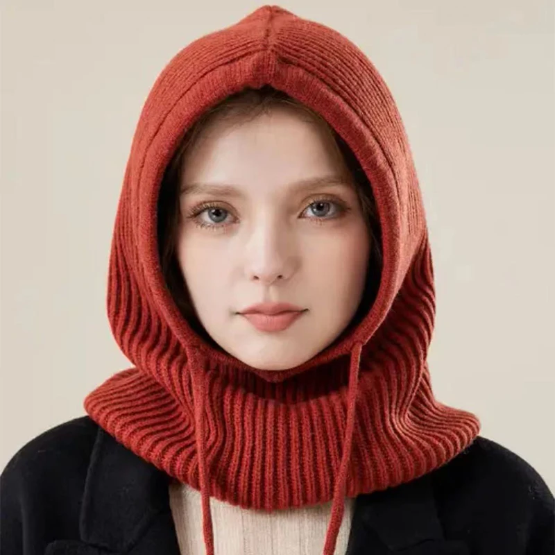 Women's Wool Warm Cap, Female Winter Beanie Hat, One-Piece Knit Balaclava Mask, Neck Circle Scarf Hat, Fake Collar, High-Quality