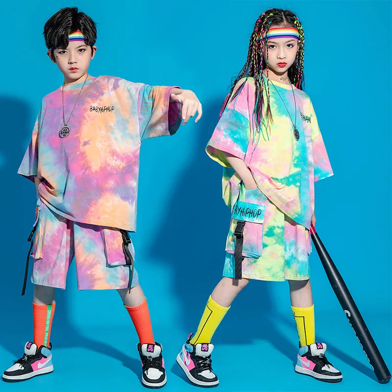 Kid Kpop Outfit Roupas para Menina Menino Gráfico Tee Tie Dye Oversized T Shirt Top Streetwear Carga Shorts Hip Hop Stage Costume