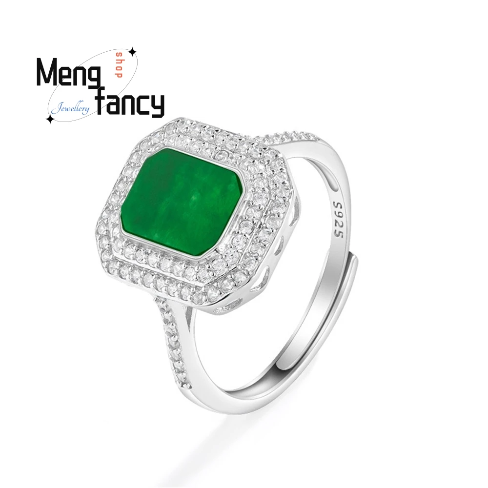 

The Natural Burmese A-Grade Jadeite Ring, Ice Type Jade, Fashionable S925 Silver-Set Ring For Women, Adjustable Fashion Jewelry