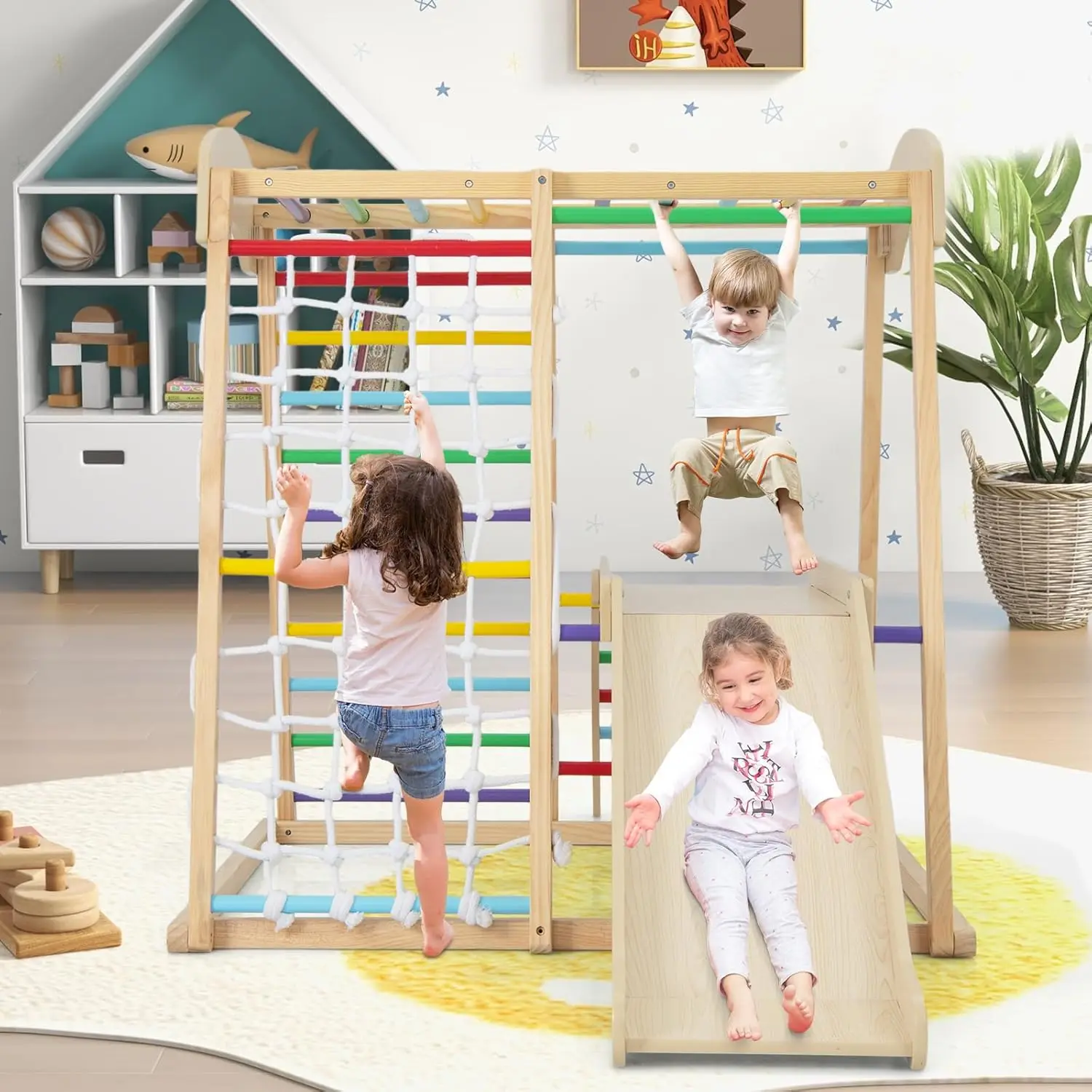 Gym dans la jungle d'intérieur, jouets d'escalade Montessori 6 en 1 pour tout-petits avec toboggan, filet d'escalade, barres de singe, grimpeur d'aire de jeux en bois