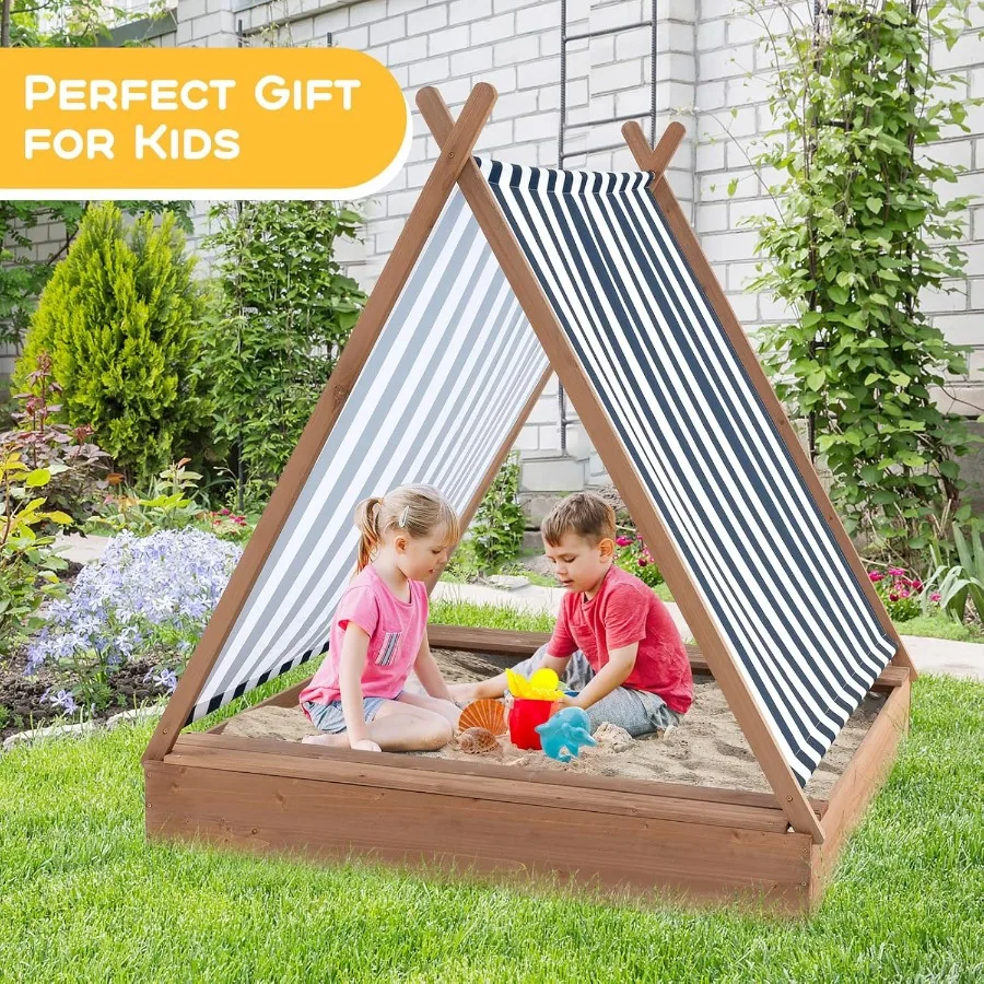 Sandbox with Canopy Fir Wood Bottomless Toddler Sand Pit Playset Removable Ox Fabric Canopy Sand Boxes for Outdoor Backyard Bea