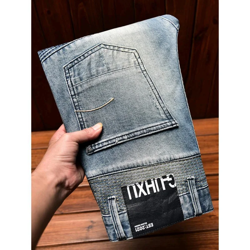 New high-end jeans men trendy slim fit straight leg fashion trend casual stretch fashion comfortable motorcycle biker denim pant