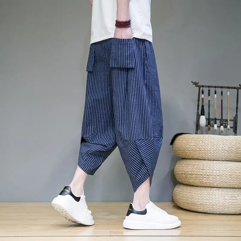 

Cropped Pants Men's Summer Striped Casual Pants Loose Wide-leg Carrot Pants Small Feet Lantern Harem Pants