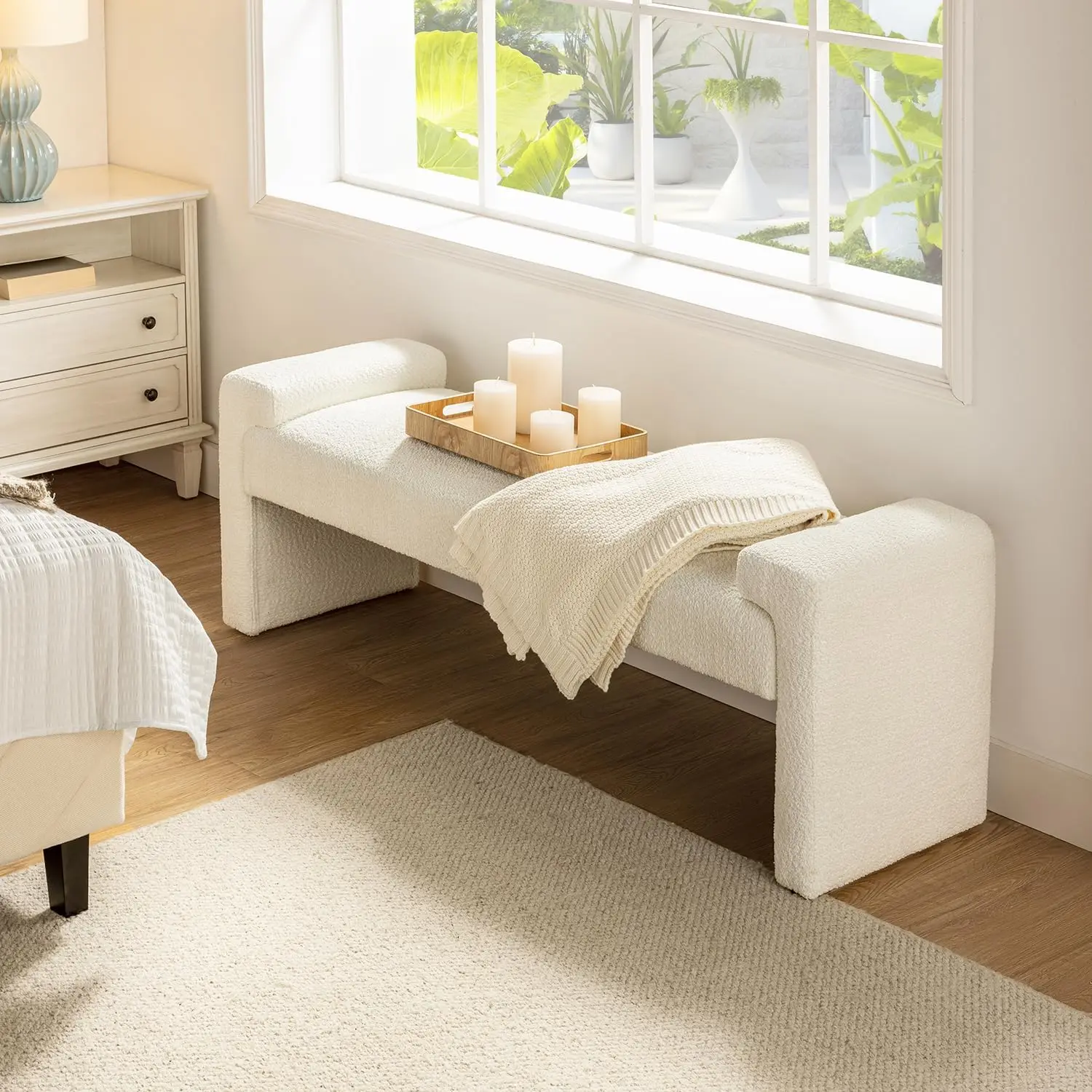 58.5' End of Bed Bench, Modern Fabric Upholstered Entryway Bench with Solid Wood Frame, Ivory