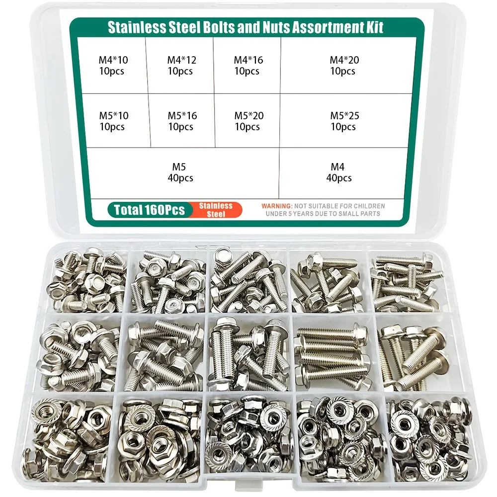 160-Piece Stainless Steel Hexagonal Flange Bolt and Nut Set, M4/M5, Suitable for Home Repairs and Industrial Equipment.