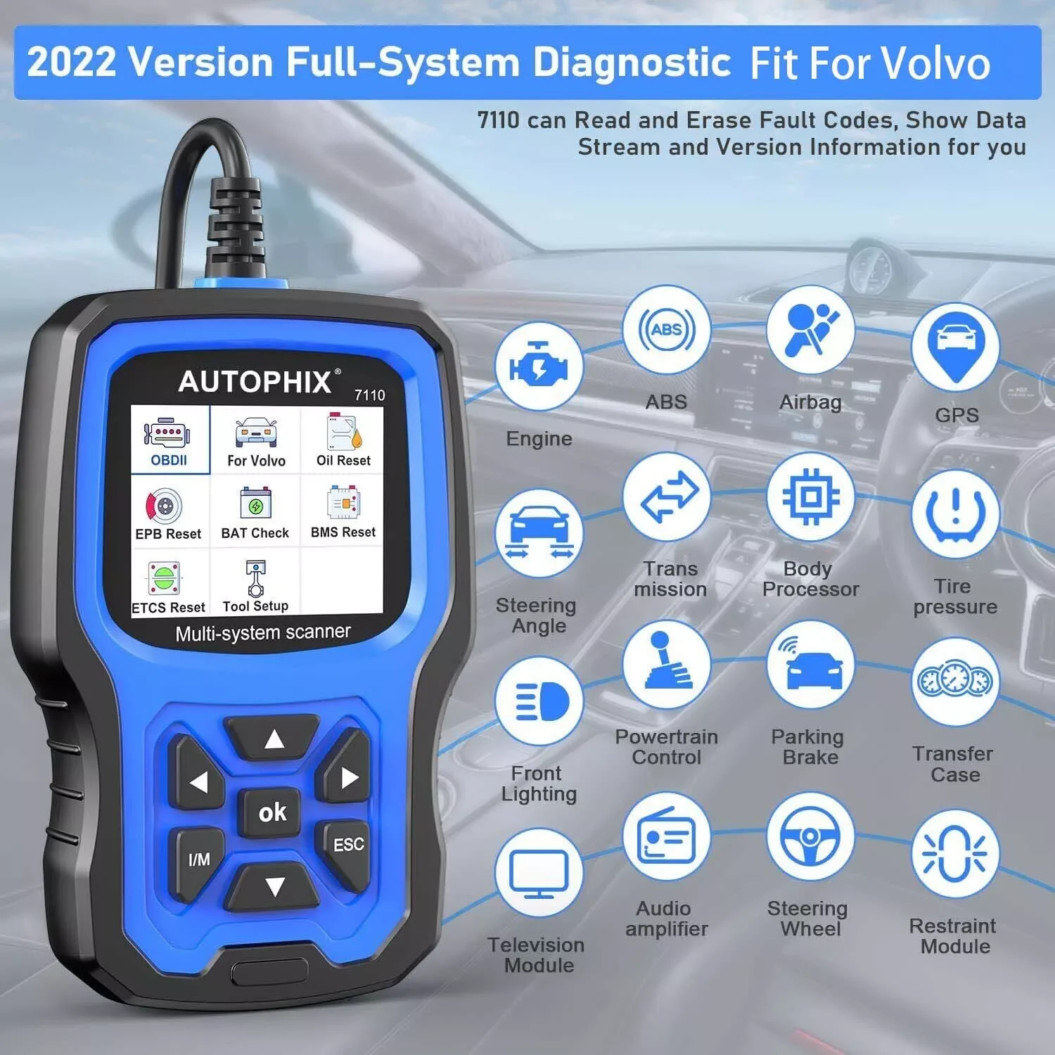 AUTOPHIX 7110 for Volvo Professional Car OBD2 Diagnostic Device Car All System OBD2 Scanner Car Code Reader Battery After 1996