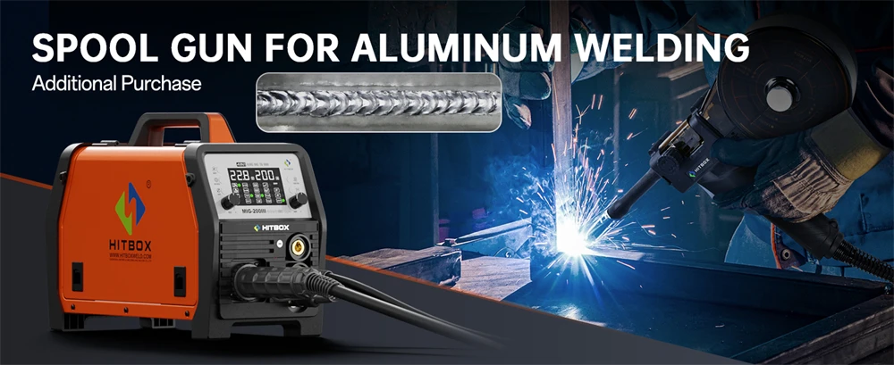 HITBOX MIG-Schweißgerät 220V 200 Ampere 7-in-1 Stick ARC MMA Gaslos/Gas MIG Lift TIG Punktschweißgerät mit Spool Gun, Einzelpuls-Aluminiumschweißgerät, großem LED-Digitalbildschirm und Inverter-Schweißwerkzeug – Detail 8