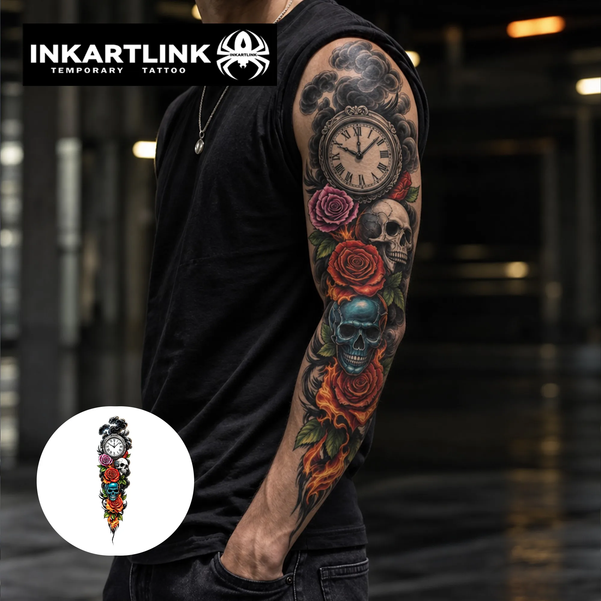 INKARTLINK 1PC Herbal Time Skull Rose Tattoo Lasts 2-5 Days, Unisex for Parties, Night Out & Dark Realism
