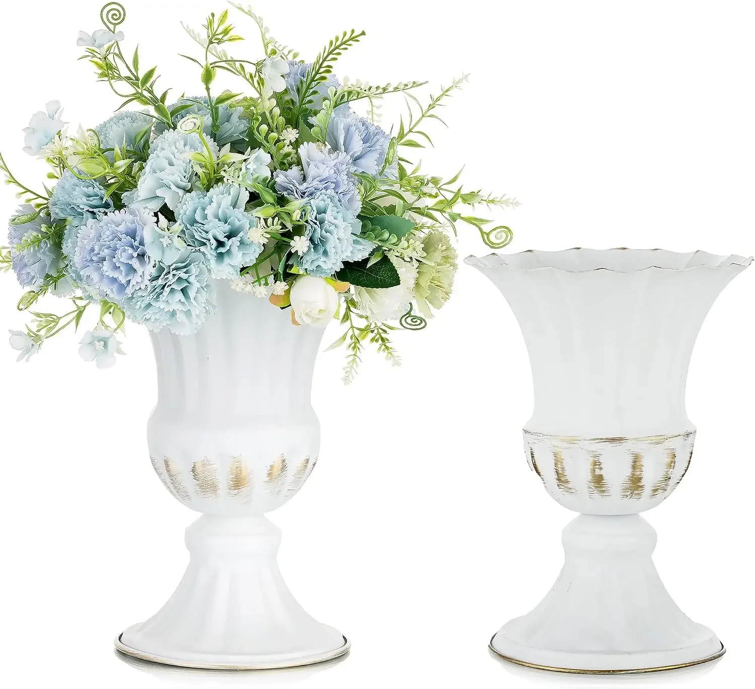 White Metal Vase 2Pcs 9in Tall Compote Vase for Centerpiece Table Flower Arrangements Home Party Decor