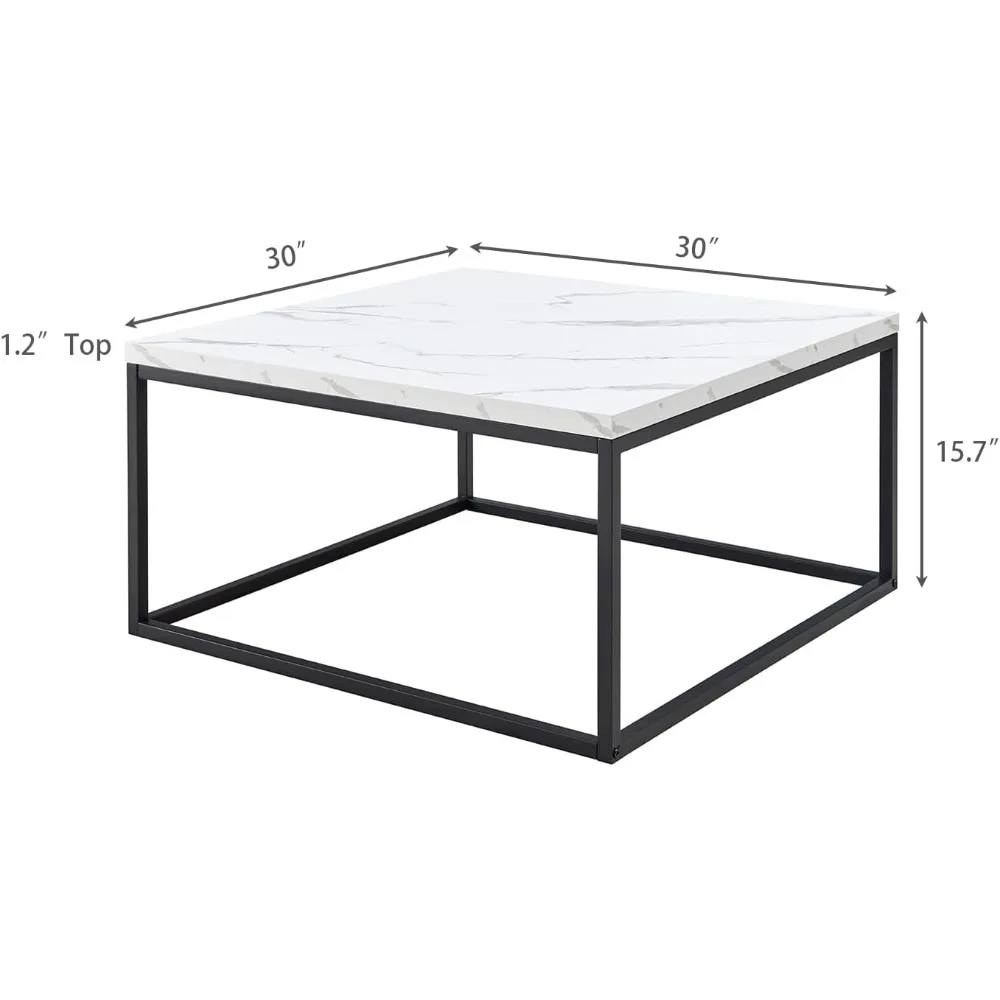 Nowoczesny industrialny stolik kawowy z marmurowym akcentem, rozmiar 30x30, gruba biała marmurowa blacha do salonu