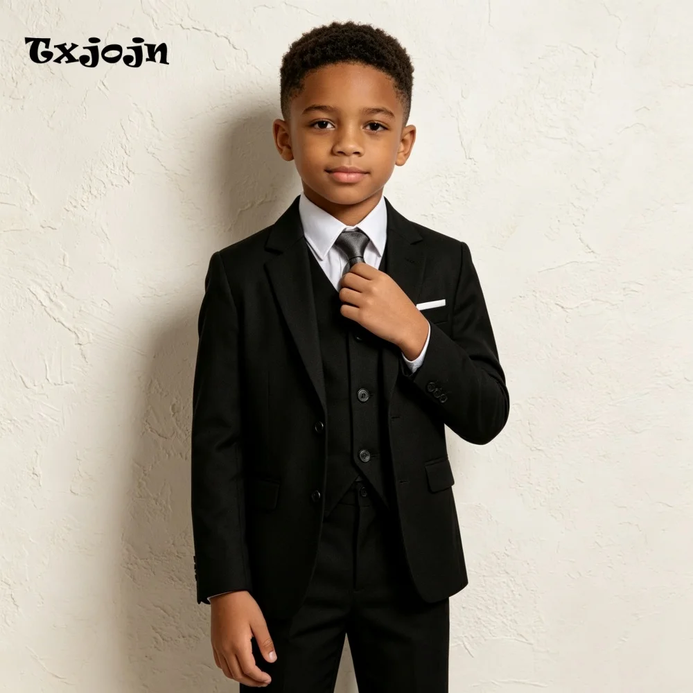 Classic Boys Suit Trend Black Jacket Pants Vest 3 Piece Set Formal Blazer for Kids Wedding Tuxedo Suits 2-16 Years Custom Cloth